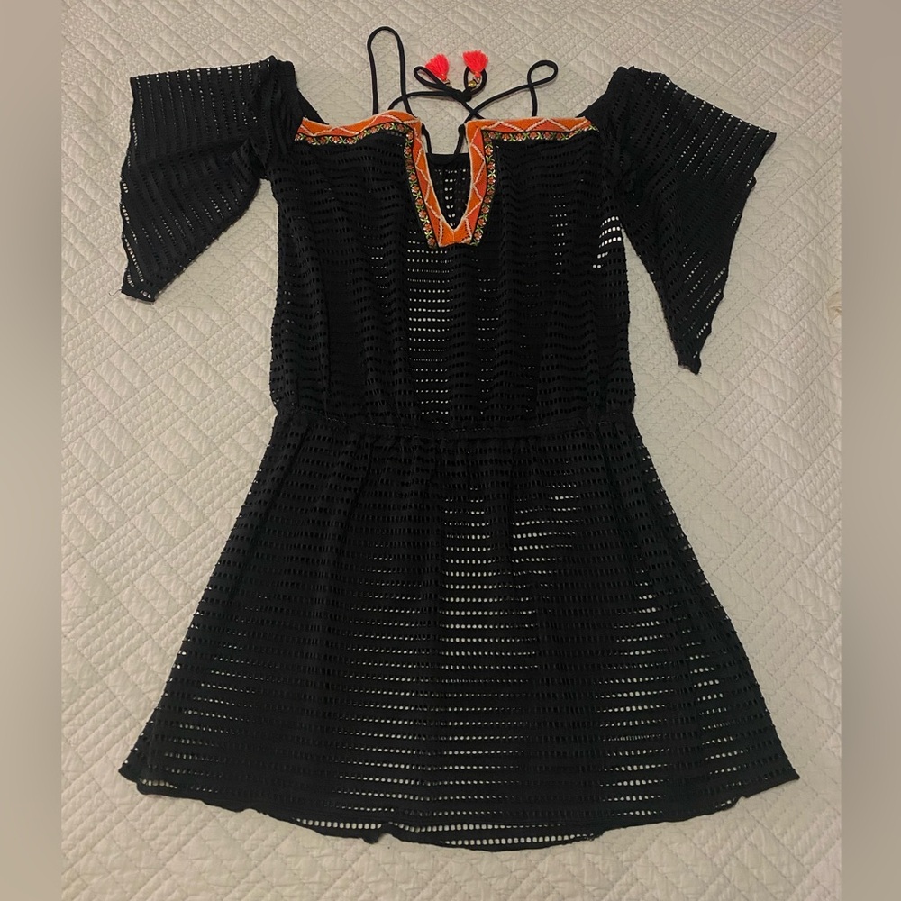 Isabella Rose Swim Black Crochet Off-Shoulder Cover Up Dress with Orange Trim